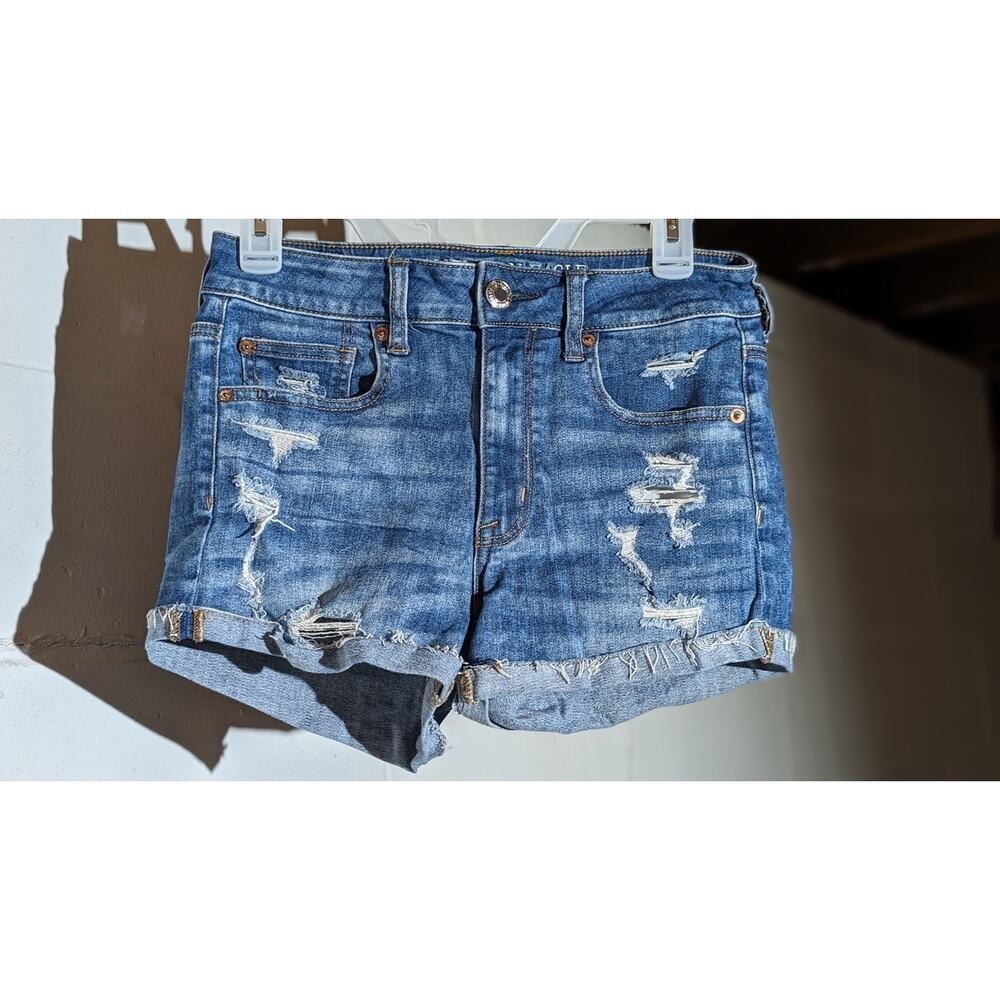American Eagle High Rise Shortie Denim Jean Shorts Ripped Distressed Cuffed 6